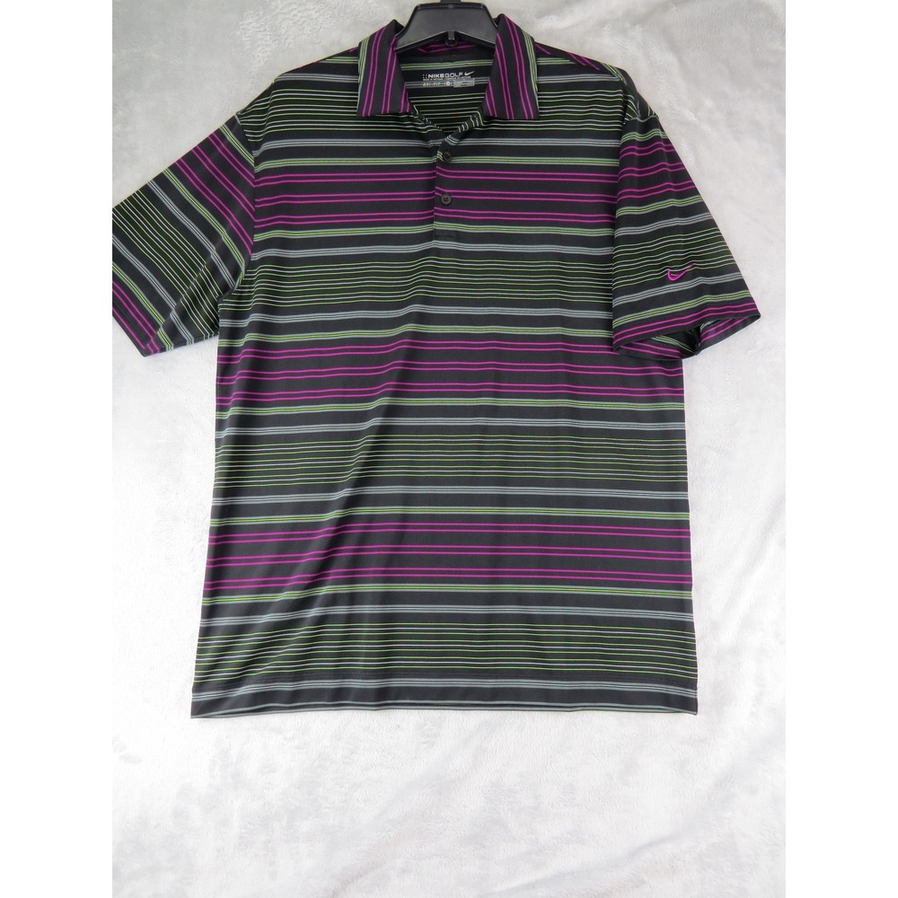 Nike Golf Dri-Fit Polo Shirt Men's M‎ Black Green Purple Stripe Short Sleeve